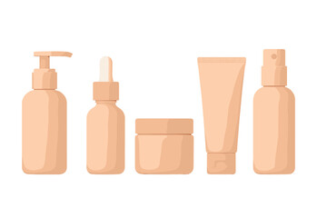 Minimalist cosmetic packaging set including lotion pump, serum dropper, cream jar, tube, and spray bottle in soft peach color