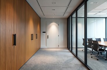 Fototapeta premium Modern office hallway shows wood paneled wall next to glass boardroom with table and chairs. Clean interior with white door and neutral carpet floor. Professional workspace.