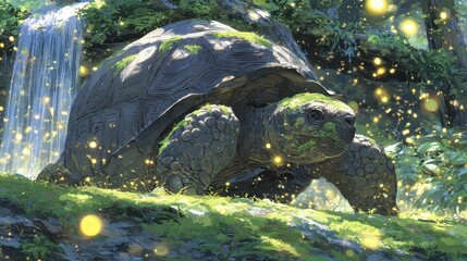 A large tortoise rests amongst lush greenery near a small waterfall with bokeh lights