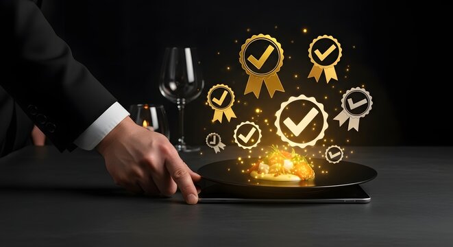 Fine dining excellence: gourmet food presentation with glowing quality award badges, luxury concept. - Powered by Adobe