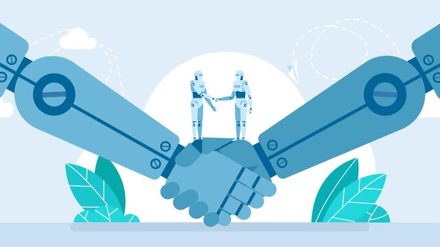 Collaboration, partnership, relationship between artificial intelligence. Two robots shaking hands. Close-up of robotic hands. Handshake between robots. Handshake two robots. 2d flat animation