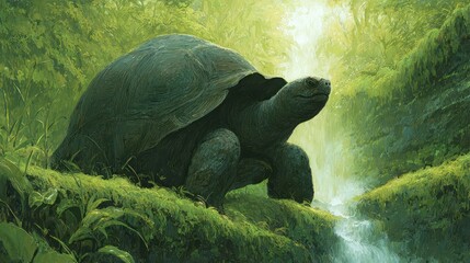 Giant tortoise in lush green habitat near a stream wildlife and nature conservation