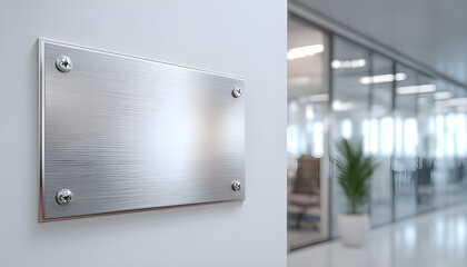 Blank metal sign mockup on a white wall in a modern office interior.