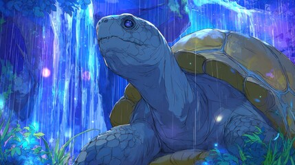 Large turtle in a fantasy rain scene artistic illustration digitally created artwork