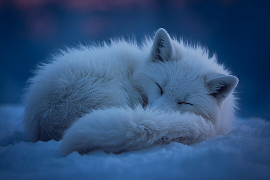A white arctic fox sleeping curled up in the snow at night