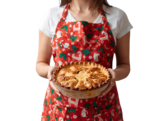 Woman in Christmas apron holding pie isolated on transparent or white background, png