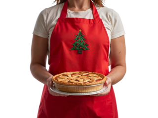 Woman in red apron holding a pie isolated on transparent or white background, png