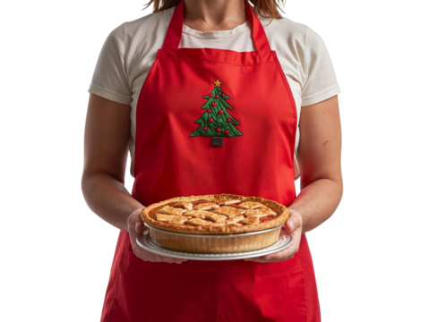 Woman in red apron holding a pie isolated on transparent or white background, png - Powered by Adobe