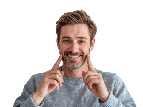 Man points to his smile isolated on transparent or white background, png