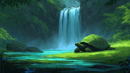 A serene illustration depicts a turtle basking near a cascading waterfall in a lush green environment