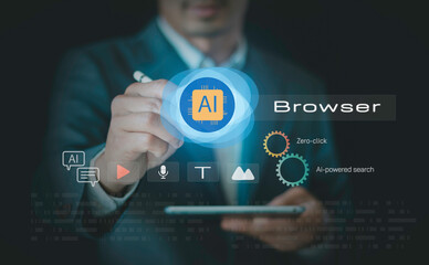 AI browser and zero-click search concept with businessmen using agentic AI assistants for GEO and SEO optimization. Smart technology enhances intelligent keyword data management on virtual screens.