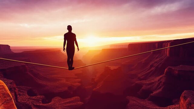 A skilled tightrope walker balances on a thin line over a vast canyon as the sun sets, creating a beautiful backdrop of vibrant colors and shadows across the landscape