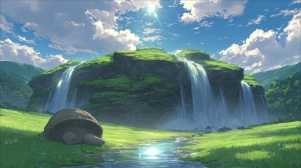 Anime style illustration of serene landscape featuring waterfall greenery and turtle