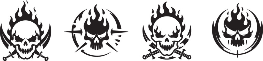 Set of black Skull tattoo design, vector illustration.