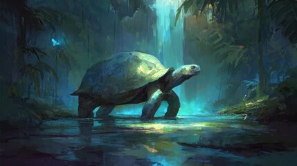Large tortoise walks through lush forest environment with water and vegetation