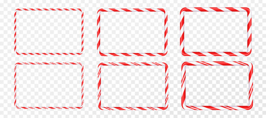 A set of Christmas candy cane-shaped frames with red and white stripes of varying thickness. A drawing of striped Christmas candy canes. A New Year's template with space for text. Vector illustration 
