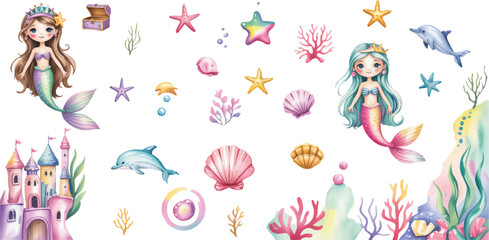 Collection of vibrant wall decals showcasing mermaids and sea creatures vector illustration.