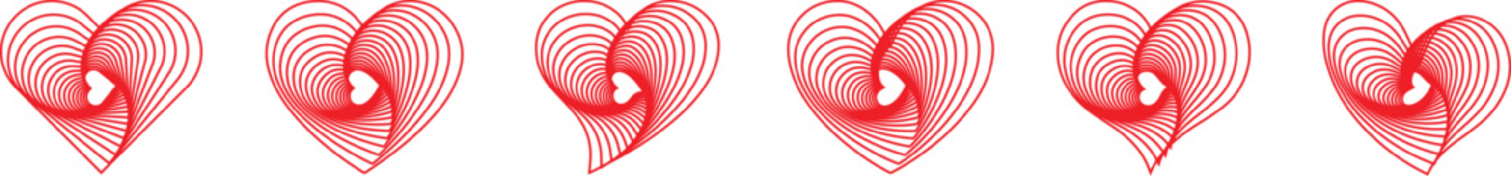 Set of red lines heart in various shapes, vector illustration.