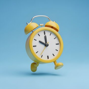 Whimsical yellow alarm clock running against a blue backdrop