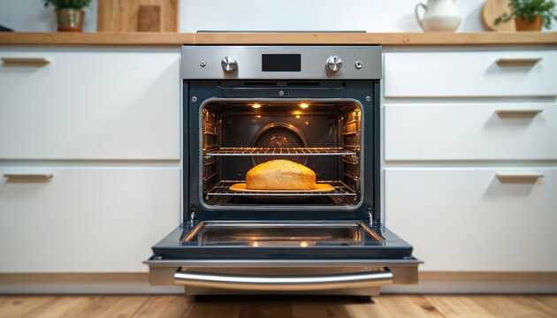 Fresh homemade bread bakes inside open electric oven in modern kitchen. Built-in steel stove with light on prepares warm food. Home cooking process using domestic appliance for baking hot meal in