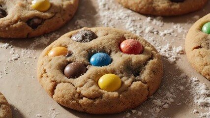 Close-up shot of a single cookie filled with colorful chocolate candies
