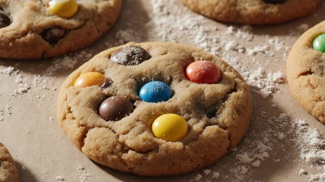 Close-up shot of a single cookie filled with colorful chocolate candies