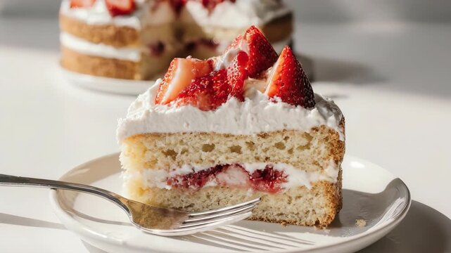 Slice of strawberry cake on a plate with fork, showing off its delicious layers