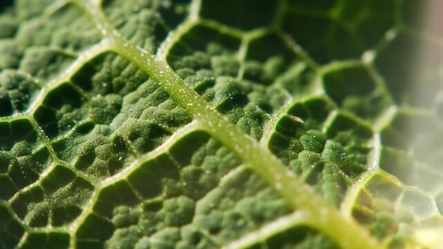 Close up of a bright green leaf vein structure and leaf cells