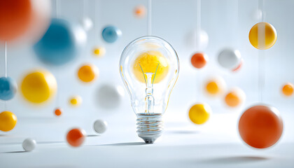A light bulb amidst colorful abstract spheres symbolizes innovation and creativity.