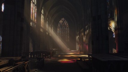 Inside a grand cathedral, beams of light filter through stained glass windows, creating a colorful display on the stone floor. The atmosphere is peaceful and serene