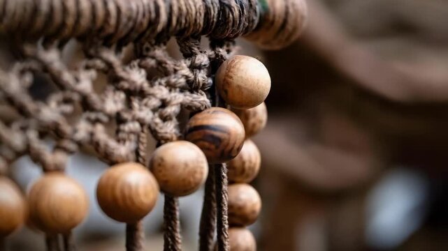 Close-up of a brown macrame knotwork wall hanging with wooden beads.
