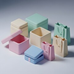 Fototapeta premium A collection of pastel-colored gift boxes and matching paper bags arranged on a plain background.