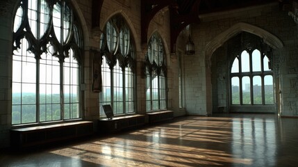 Fototapeta premium Grand hall with moonlit view.