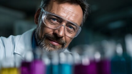 Focused scientist in safety goggles inspects a row of vibrant colorful liquids in laboratory vials
