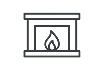 Icon of a fireplace with a stylized flame on a clear background, symbolizing the comfort and warmth of home heating