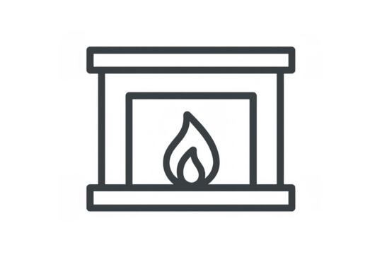 Icon of a fireplace with a stylized flame on a clear background, symbolizing the comfort and warmth of home heating - Powered by Adobe