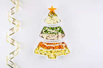 olivier salad ingredients, christmas tree, holiday food