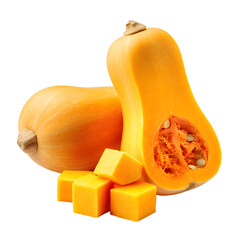 Fresh Butternut Squash Whole and Sliced Isolated on White Background