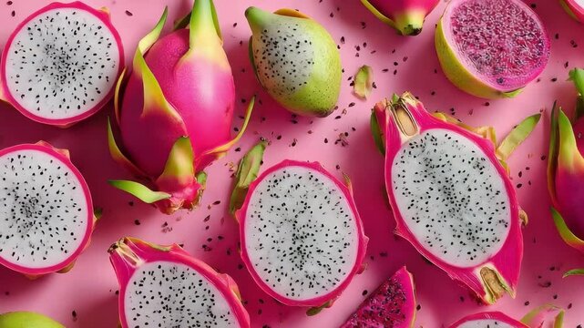 Dragon fruit (pitaya) halves and slices with white flesh and black seeds on a bright pink background.