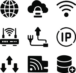 Internet and Network Solid Icons Set Online, Cloud, and Server Technology