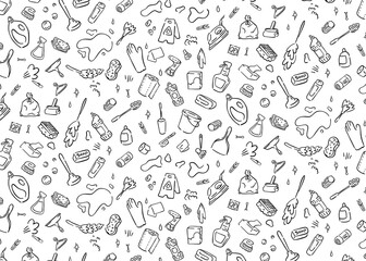 Hand-drawn seamless pattern of cleaning tools in doodle outline style. Includes sponge, brush, mop, spray bottle, and rubber gloves. Perfect for cleaning service backgrounds, spring cleaning designs