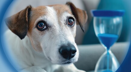 Thoughtful Dog with Hourglass Nearby