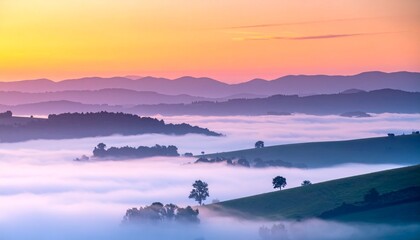 A tranquil morning landscape of rolling hills partially covered in thick, soft fog, with distant mountains under a warm, pastel-colored sunrise sky.