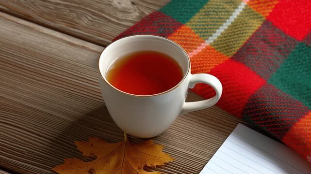 Cozy autumn scene with warm cup of tea on wooden table near colorful plaid blanket and dry leaf creating peaceful cottage atmosphere
