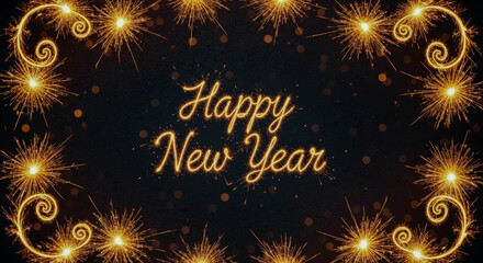 Festive dark background with Happy New Year text illuminated by golden sparkler effect, framed by glowing, decorative fireworks and swirling light trails.