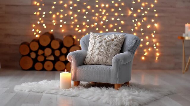 Cozy cottage setting with soft armchair, knitted pillow on fluffy rug, glowing candlelight and warm autumn bokeh lights creating peaceful ambiance
