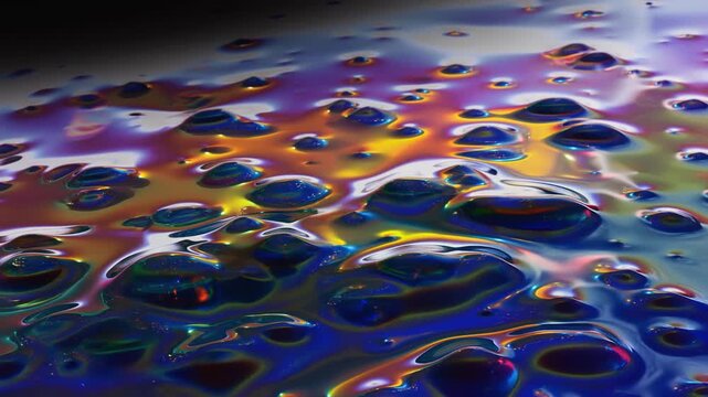 Colorful oil mixes with water, creating mesmerizing patterns. The vibrant swirls and ripples catch the light, showcasing an eye-catching interplay of colors and textures