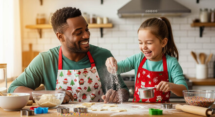 Smiling father and daughter wear festive aprons while cutting and sprinkling dough on a floured counter, surrounded by bowls, cutters, and sprinkles in a warm kitchen.
