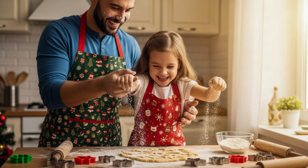 Happy dad and young girl wearing festive aprons sprinkling flour while making holiday cookies with cutters and dough on wooden table in bright kitchen