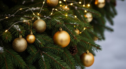 Close-up of evergreen branches decorated with matte and glittering gold baubles and warm string lights, with a soft background blur highlighting the festive details.